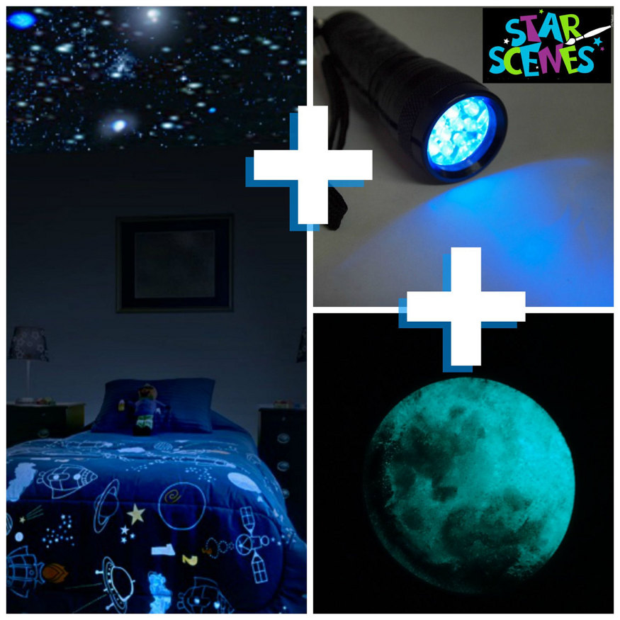 Glow in the dark moon + star stickers kit + UV blacklight